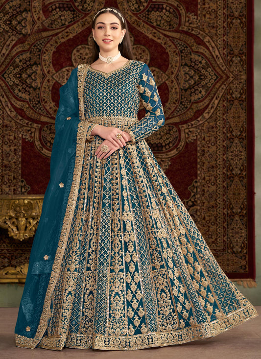 Embroidered Work Net Anarkali Suit In Teal For Women