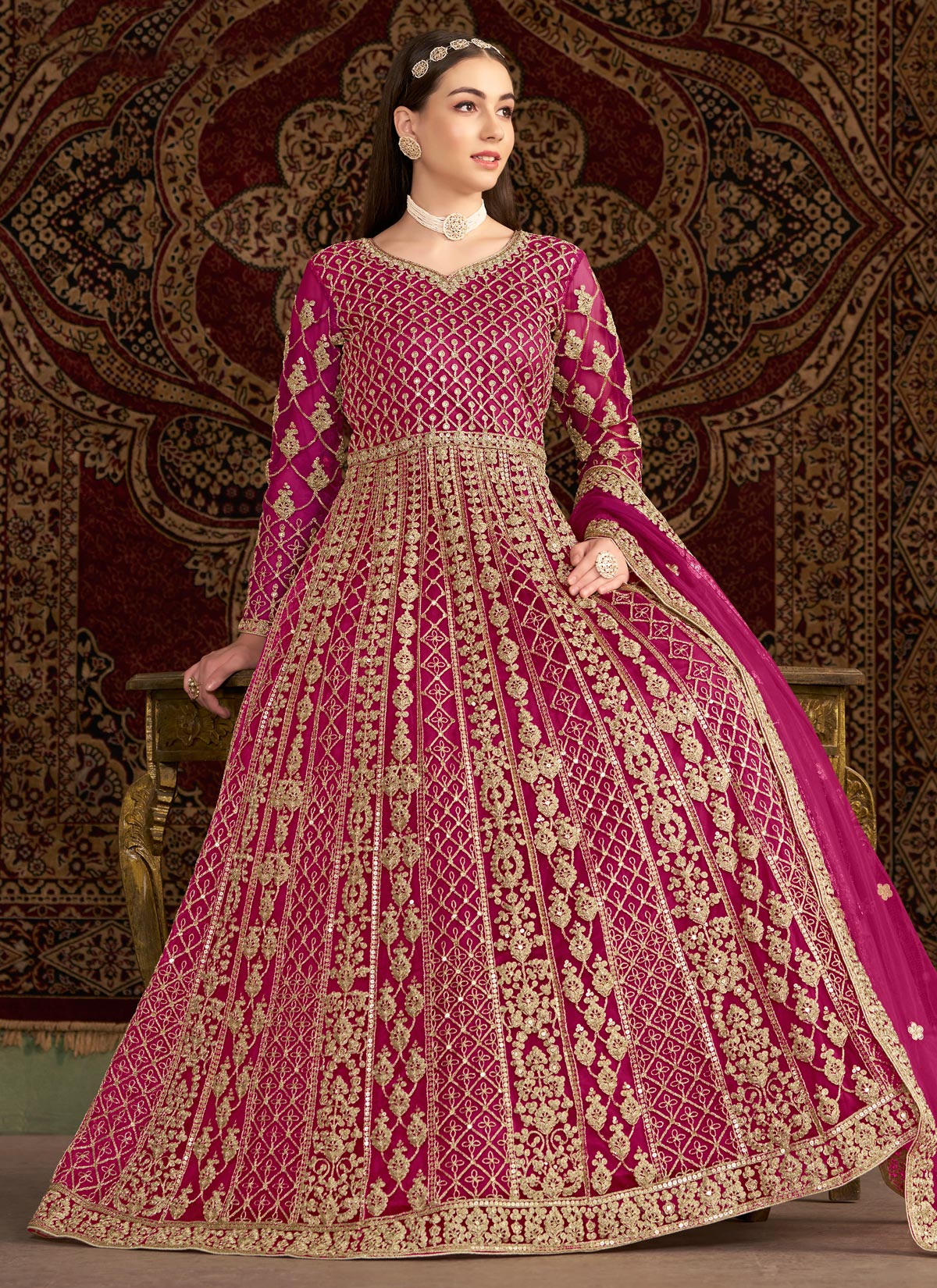 Net Anarkali Suit With Embroidered Work For Festival In Rose Pink