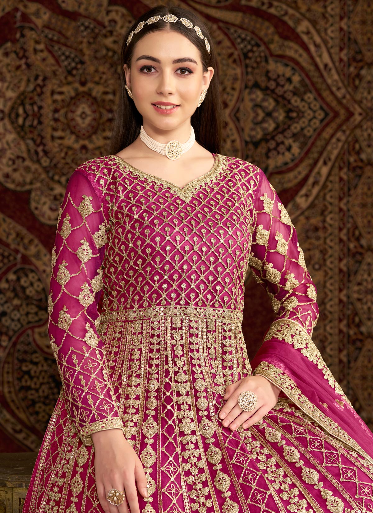 Net Anarkali Suit With Embroidered Work For Festival In Rose Pink