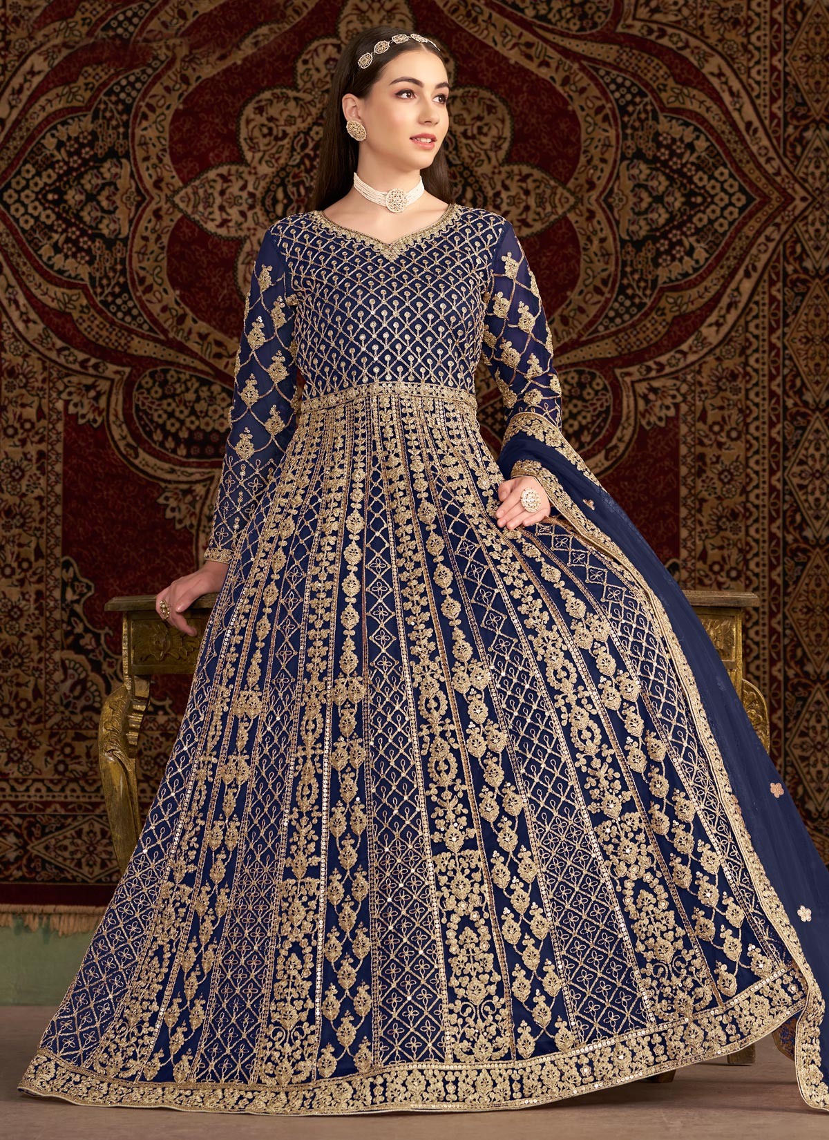 Net Sequins Work Designer Anarkali Suit In Navy Blue