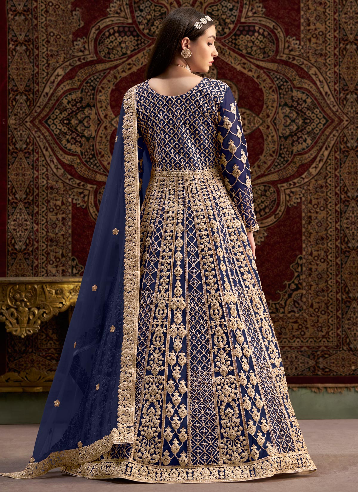 Net Sequins Work Designer Anarkali Suit In Navy Blue