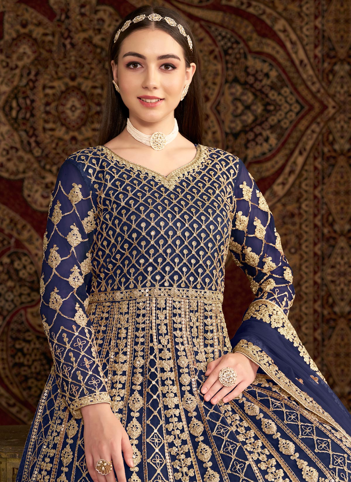 Net Sequins Work Designer Anarkali Suit In Navy Blue