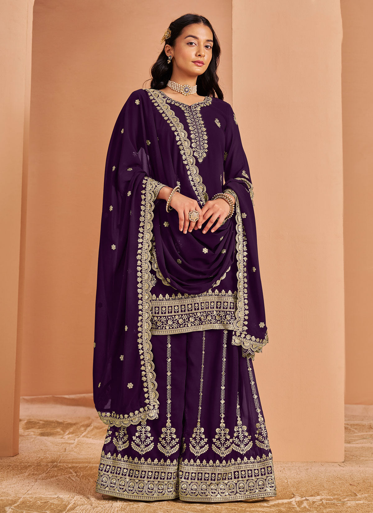 Resham Work Georgette Palazzo Suit In Purple For Women
