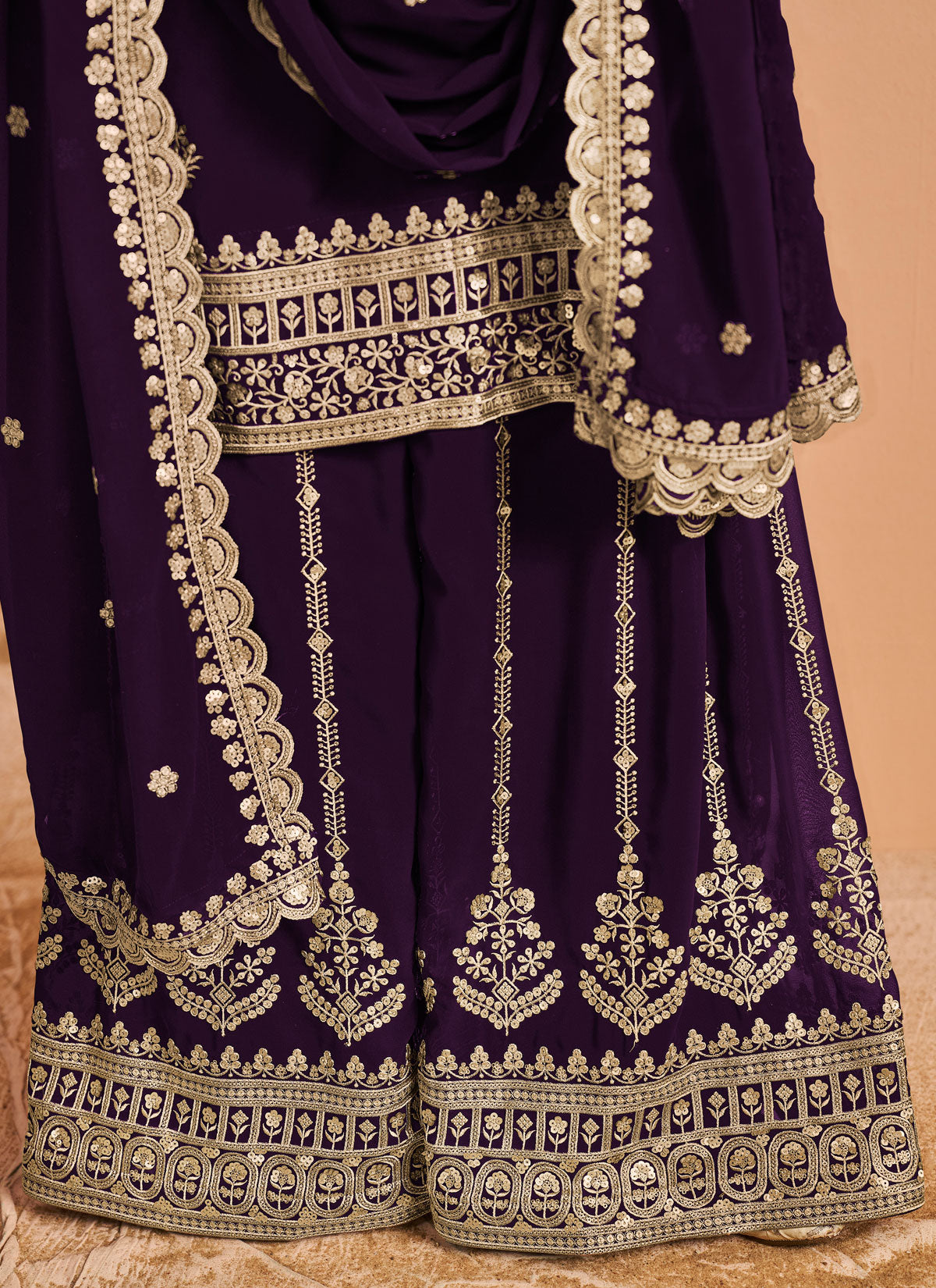 Resham Work Georgette Palazzo Suit In Purple For Women
