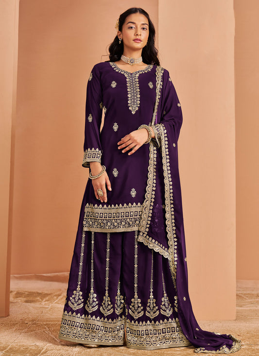 Resham Work Georgette Palazzo Suit In Purple For Women