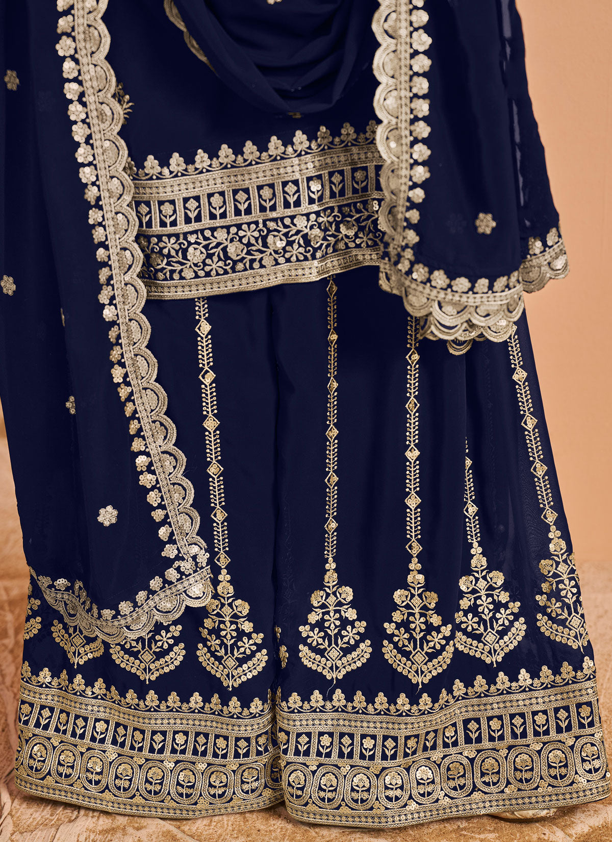 Navy Blue Georgette Palazzo Suit With Sequins Work
