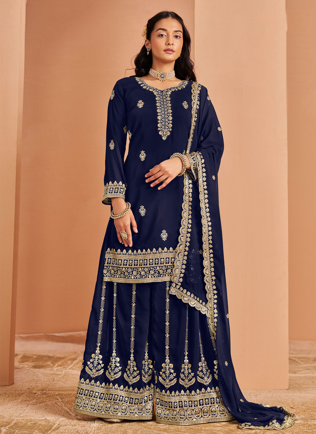 Navy Blue Georgette Palazzo Suit With Sequins Work