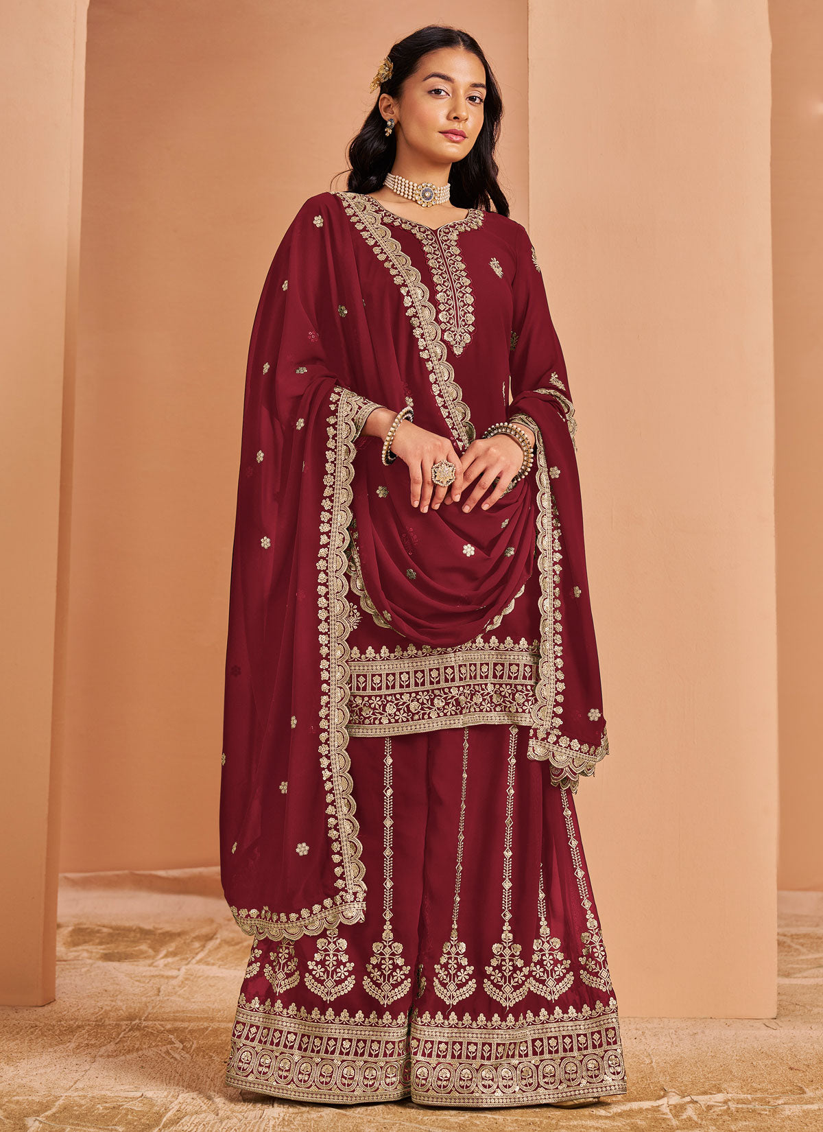 Red Georgette Palazzo Suit With Resham Work For Party