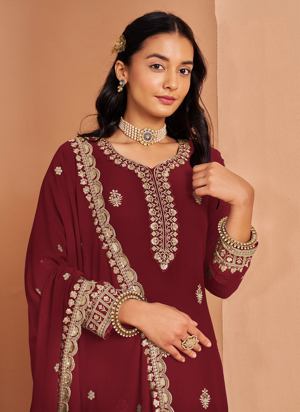 Red Georgette Palazzo Suit With Resham Work For Party