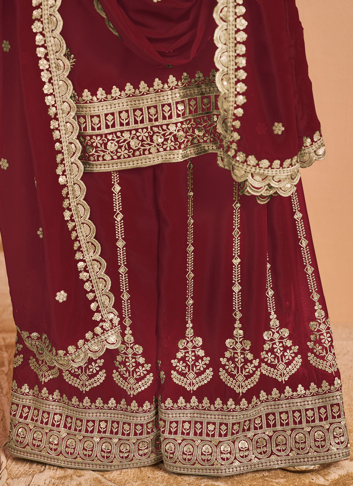Red Georgette Palazzo Suit With Resham Work For Party