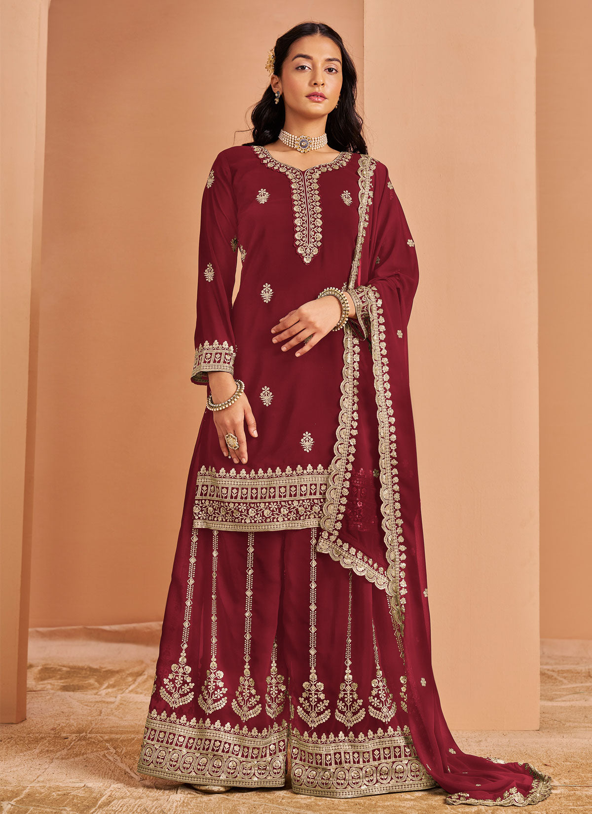 Red Georgette Palazzo Suit With Resham Work For Party