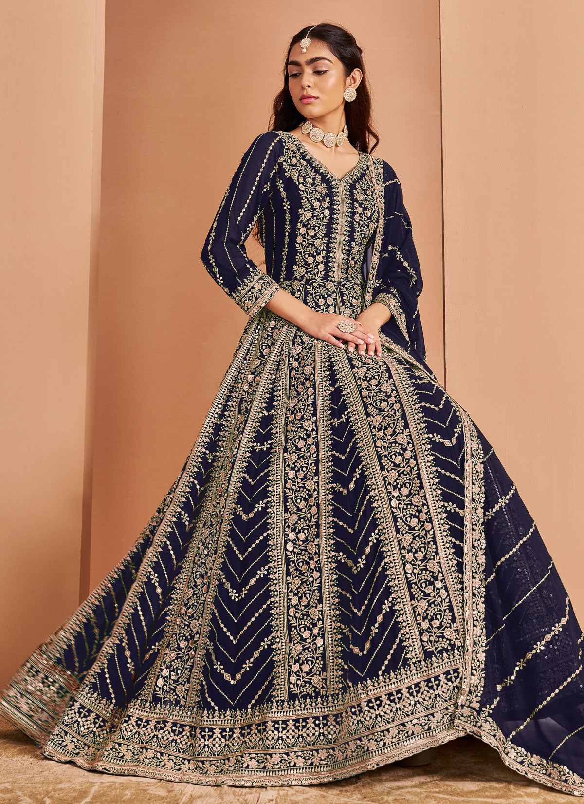 Georgette Anarkali Suit In Navy Blue With Resham Work