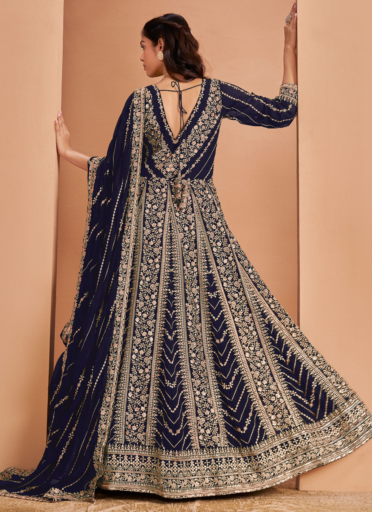 Georgette Anarkali Suit In Navy Blue With Resham Work