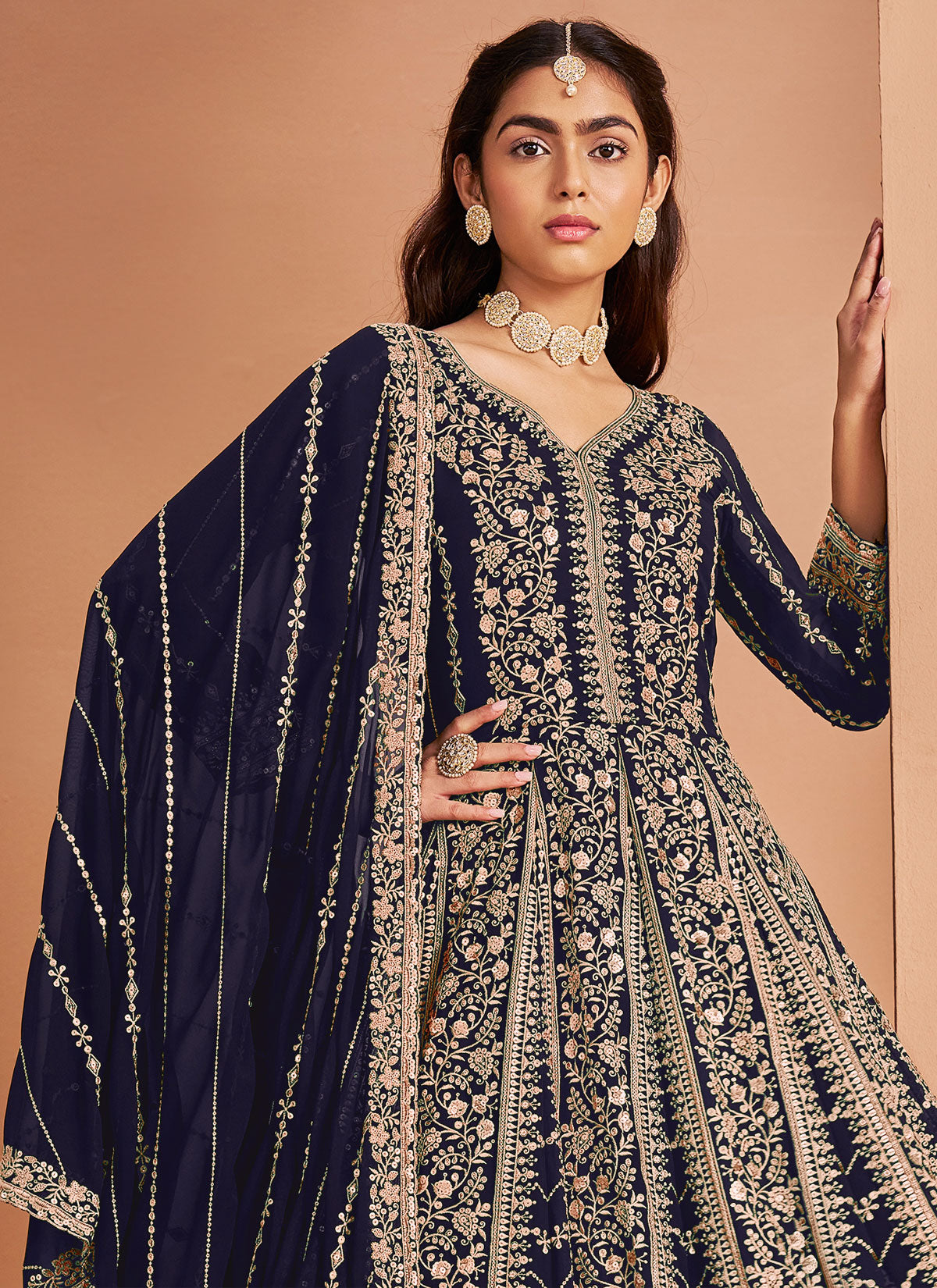 Georgette Anarkali Suit In Navy Blue With Resham Work