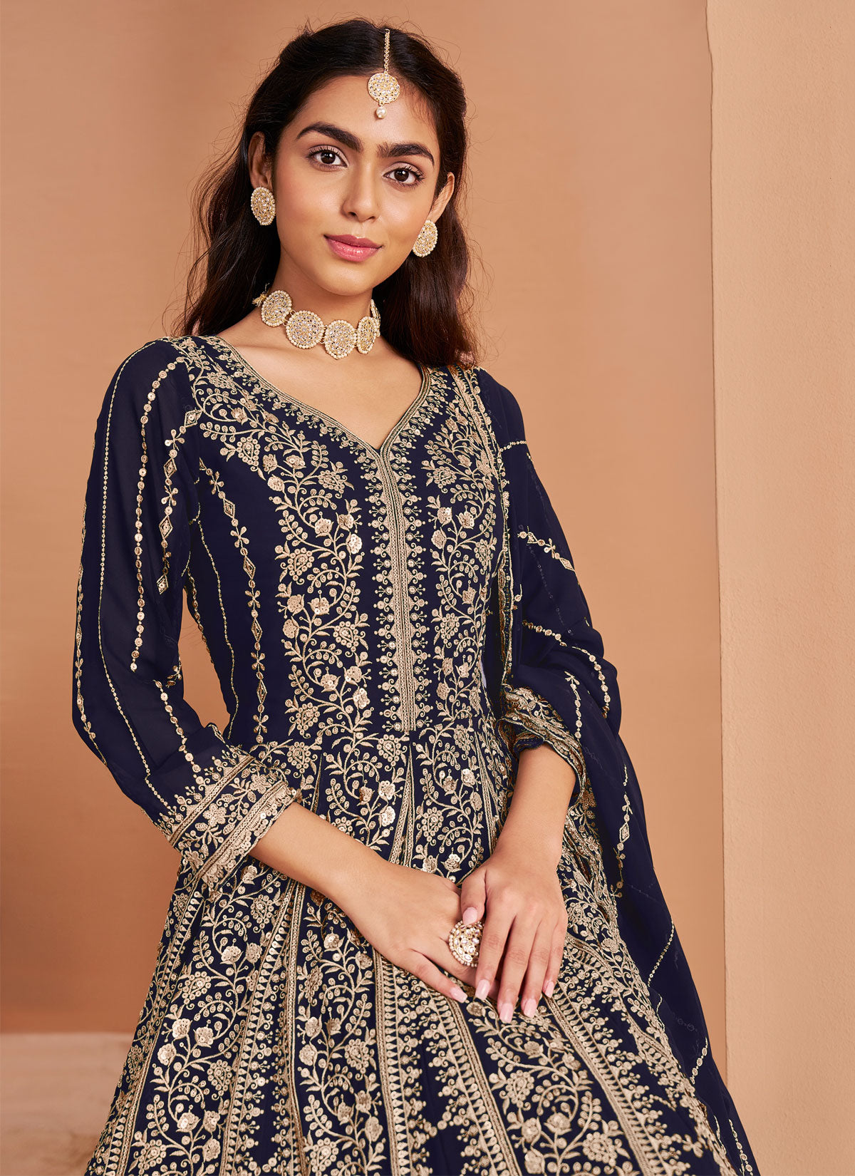 Georgette Anarkali Suit In Navy Blue With Resham Work