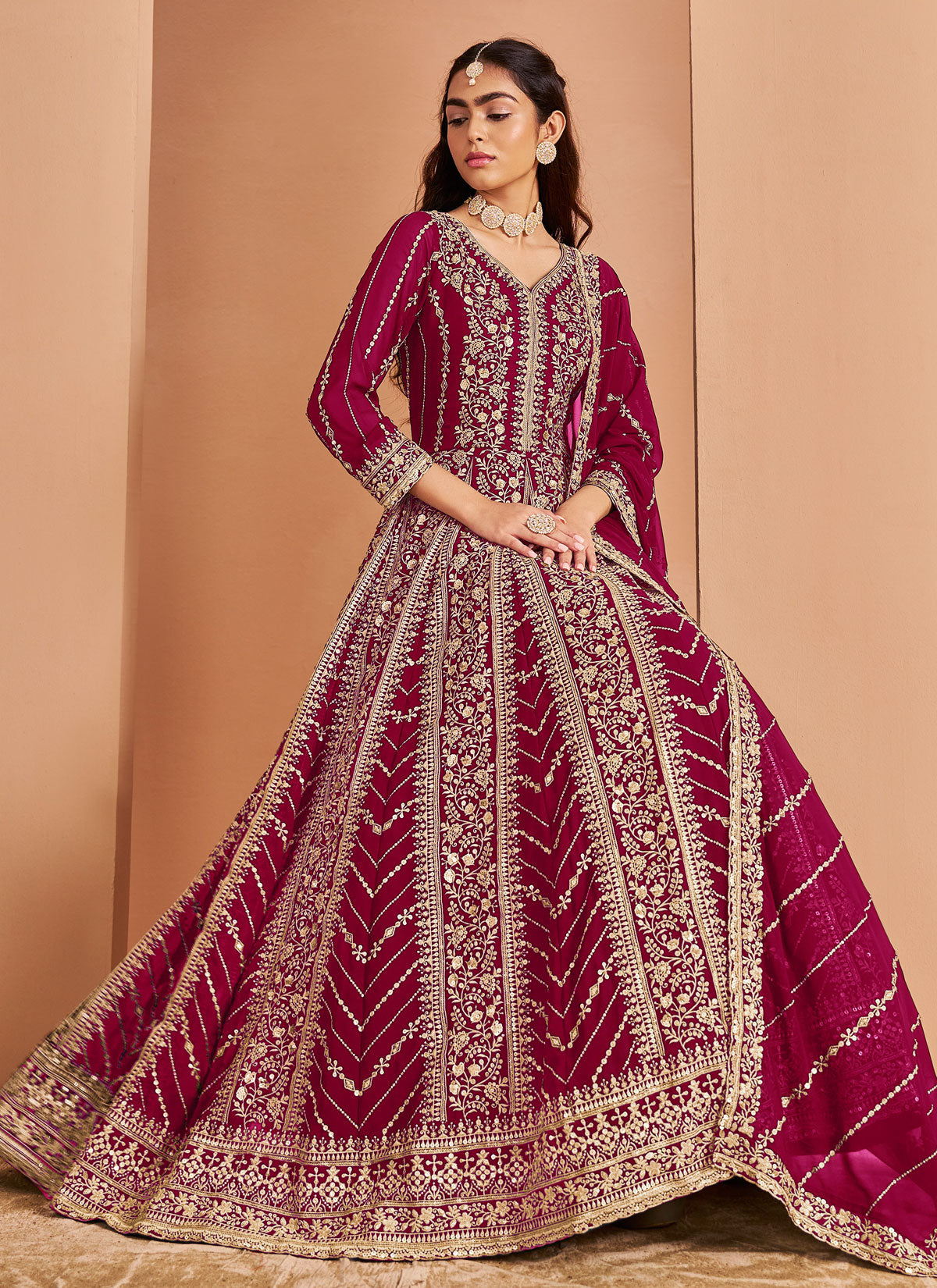 Georgette Anarkali Suit In Rose Pink With Resham Work For Party
