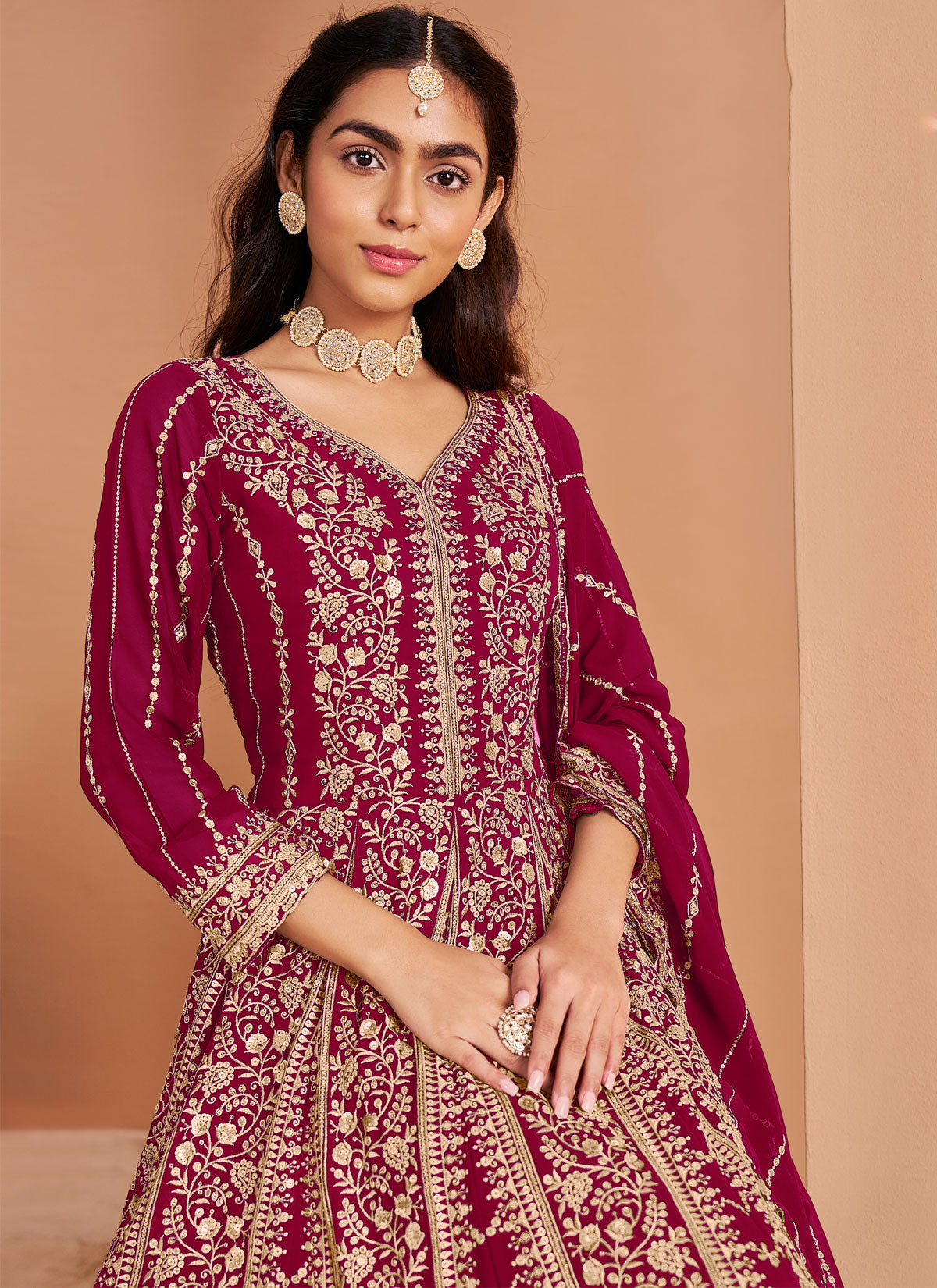 Georgette Anarkali Suit In Rose Pink With Resham Work For Party