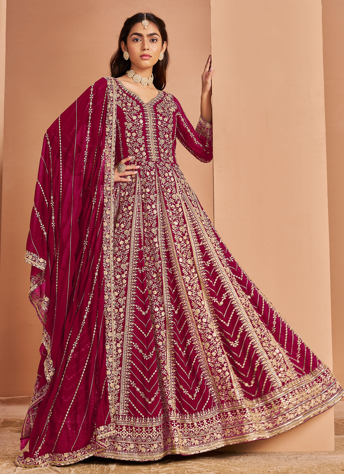 Georgette Anarkali Suit In Rose Pink With Resham Work For Party