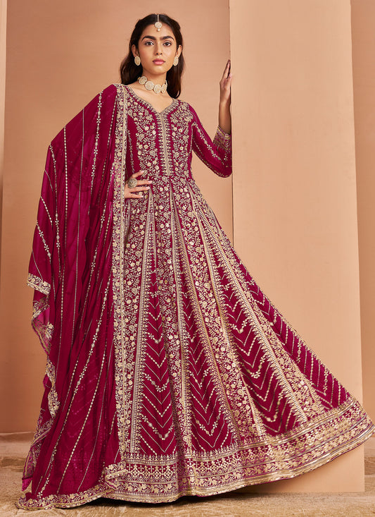 Georgette Anarkali Suit In Rose Pink With Resham Work For Party