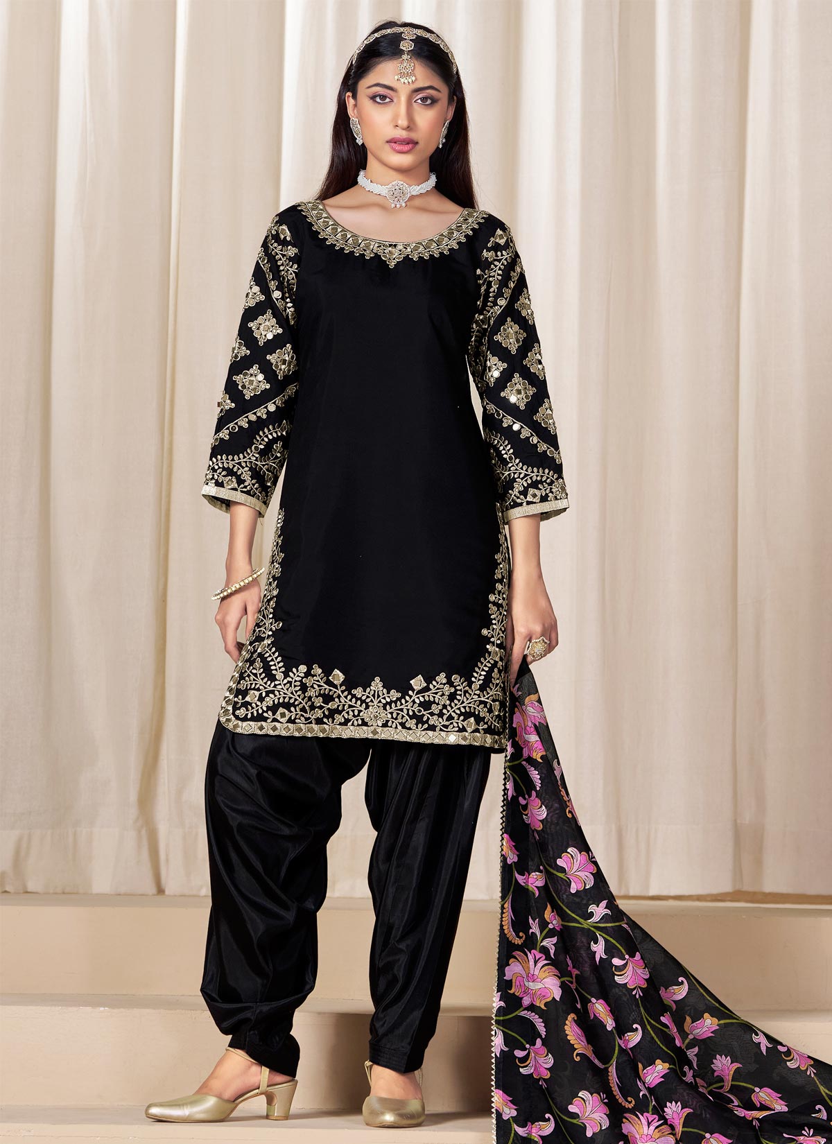 Silk Blend Punjabi Suit In Black With Embroidered Work For Women