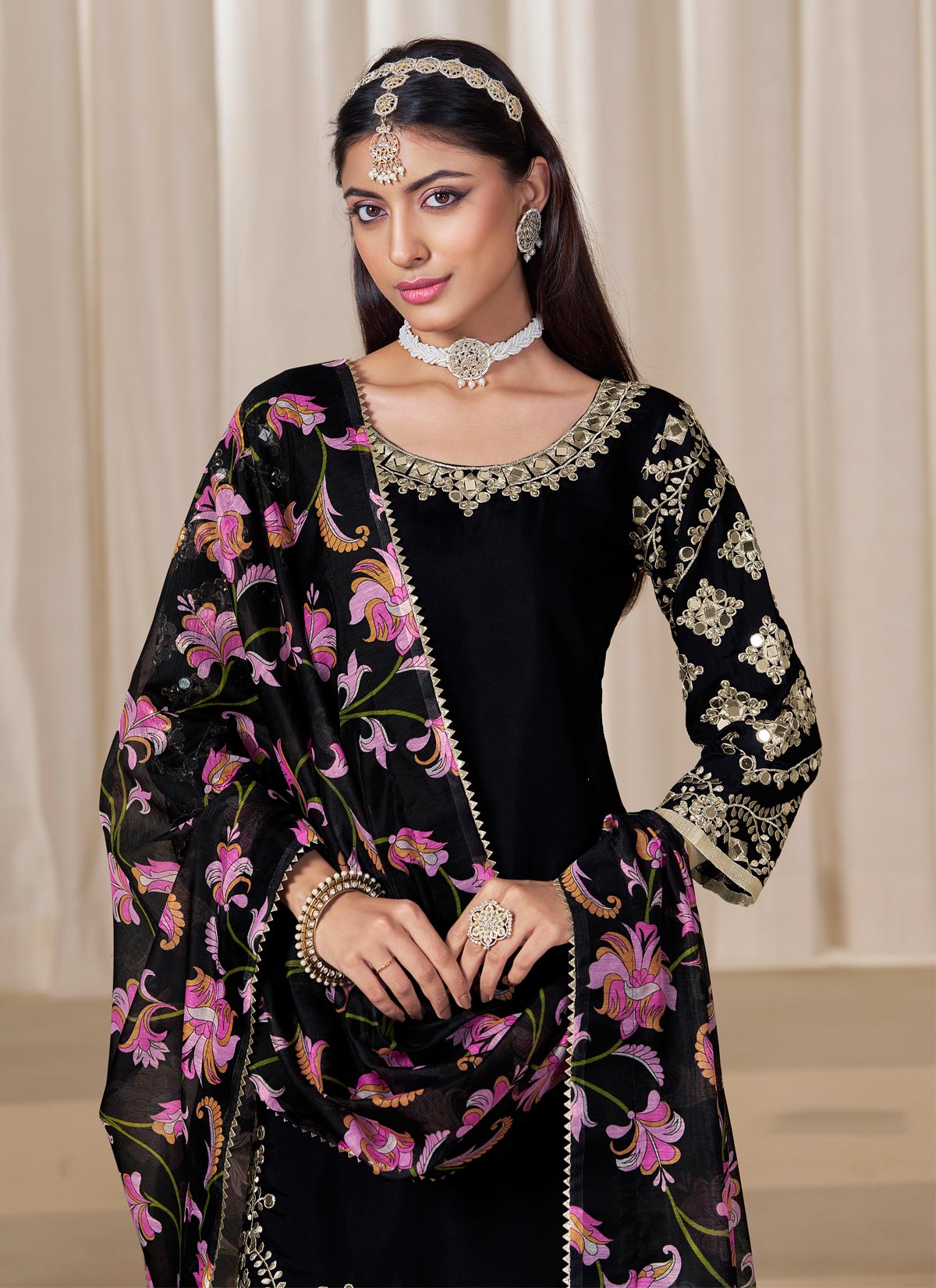 Silk Blend Punjabi Suit In Black With Embroidered Work For Women