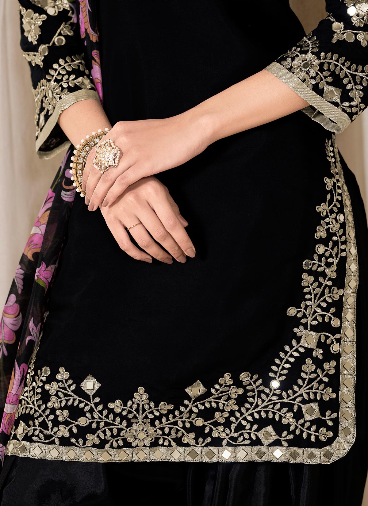 Silk Blend Punjabi Suit In Black With Embroidered Work For Women