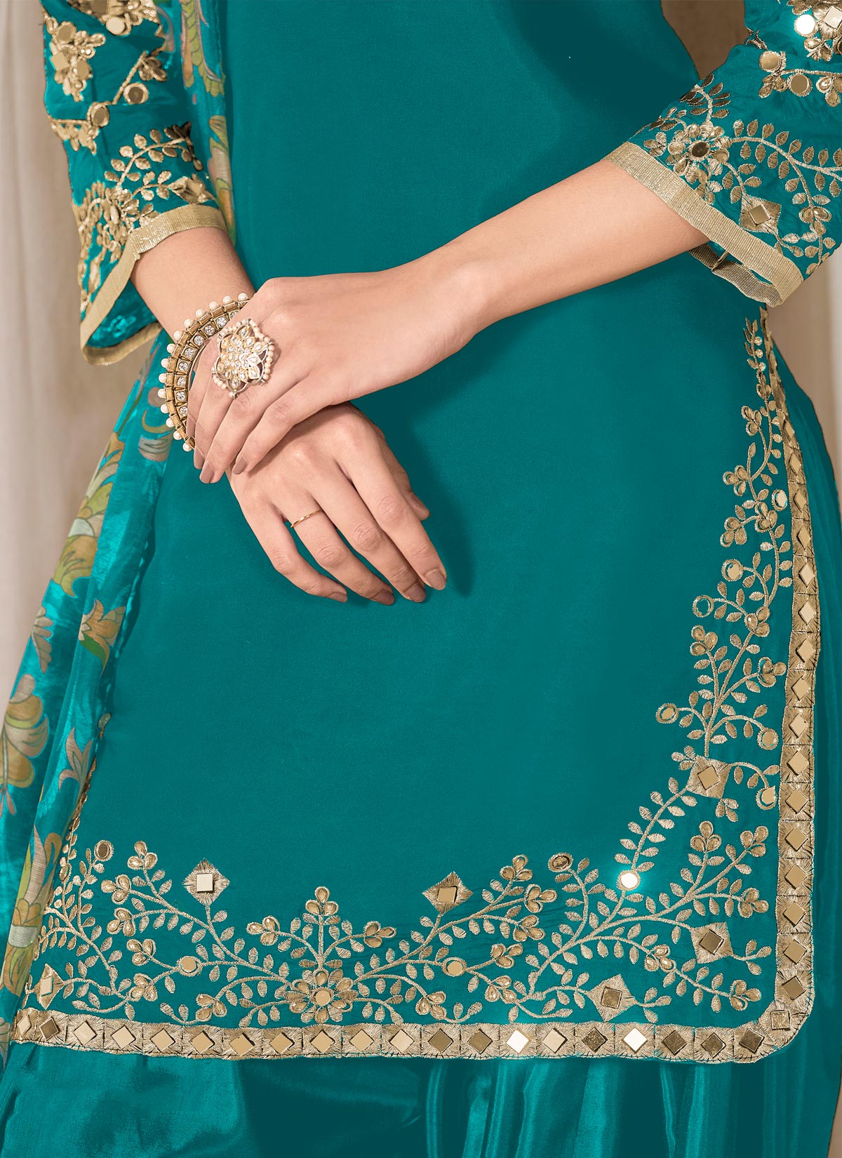 Silk Blend Punjabi Suit With Mirro Work For Festival In Aqua Blue