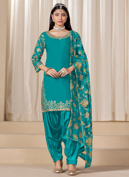 Silk Blend Punjabi Suit With Mirro Work For Festival In Aqua Blue