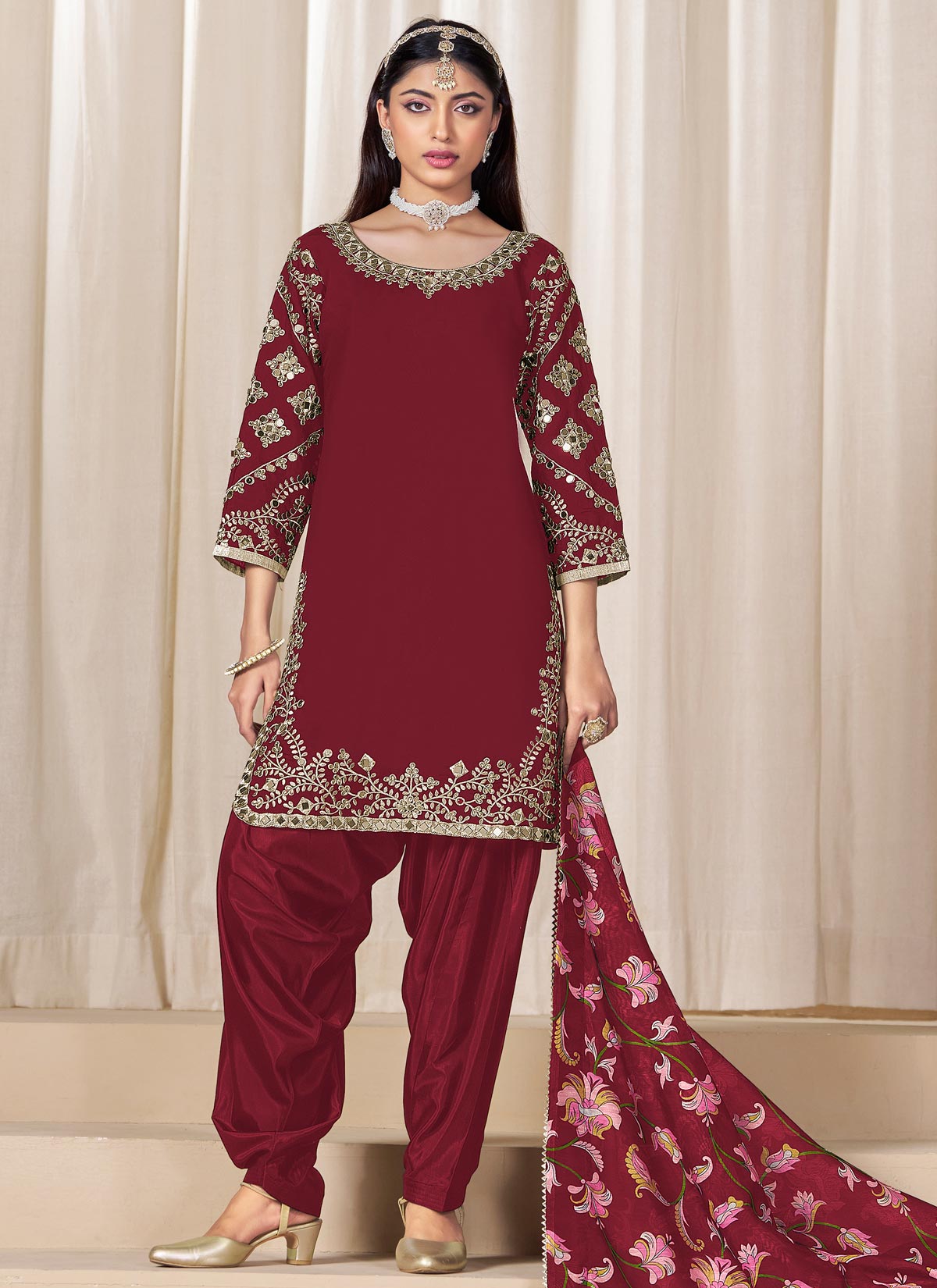 Embroidered Work Punjabi Suit For Ceremonial In Maroon