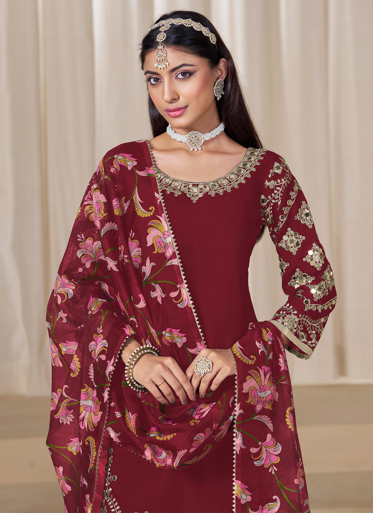 Embroidered Work Punjabi Suit For Ceremonial In Maroon