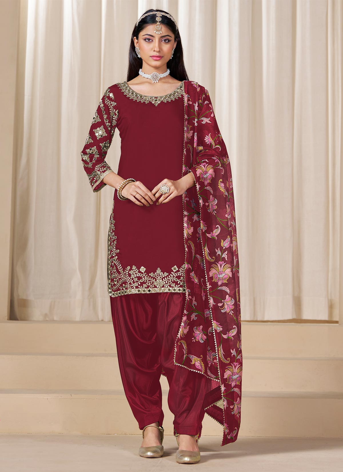 Embroidered Work Punjabi Suit For Ceremonial In Maroon