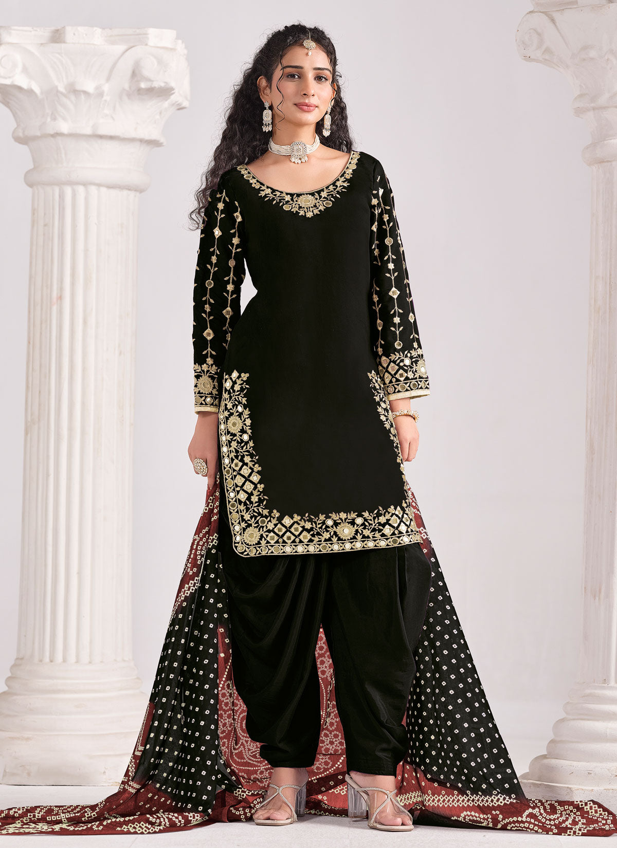 Silk Blend Embroidered Work Punjabi Salwar Suit In Black