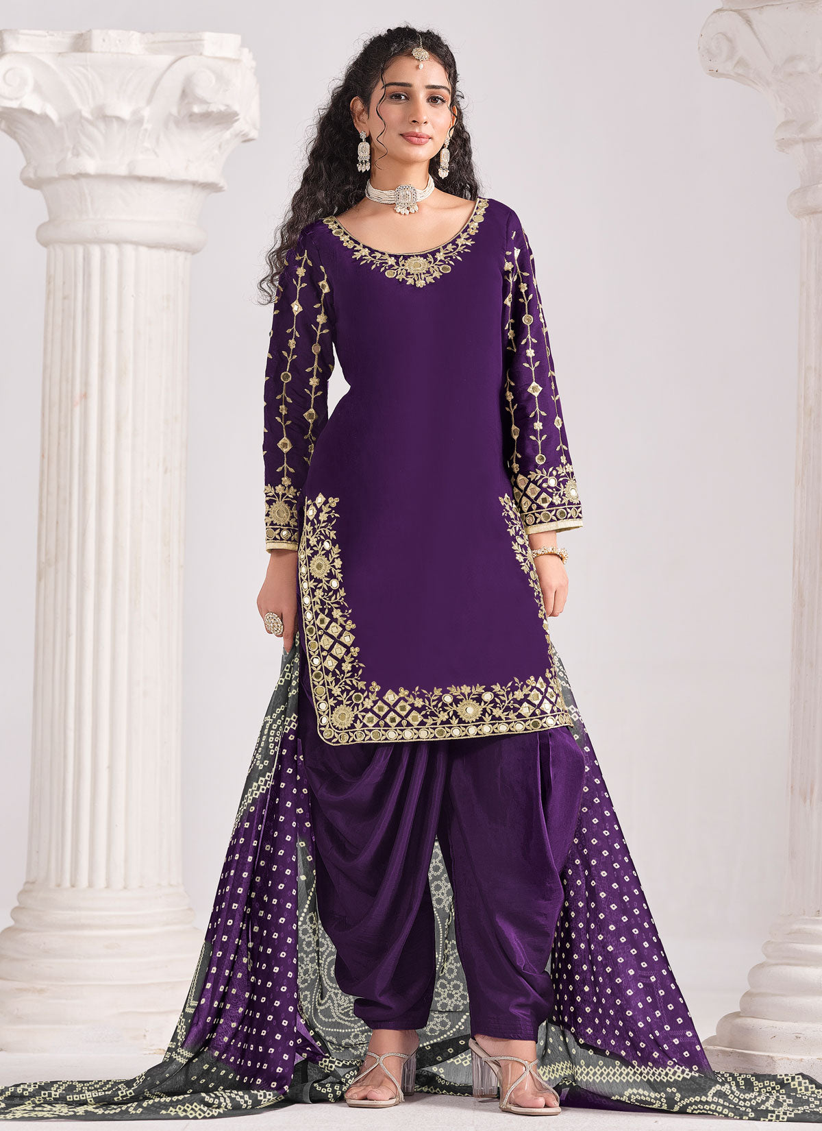 Resham Work Punjabi Salwar Suit For Ceremonial In Purple