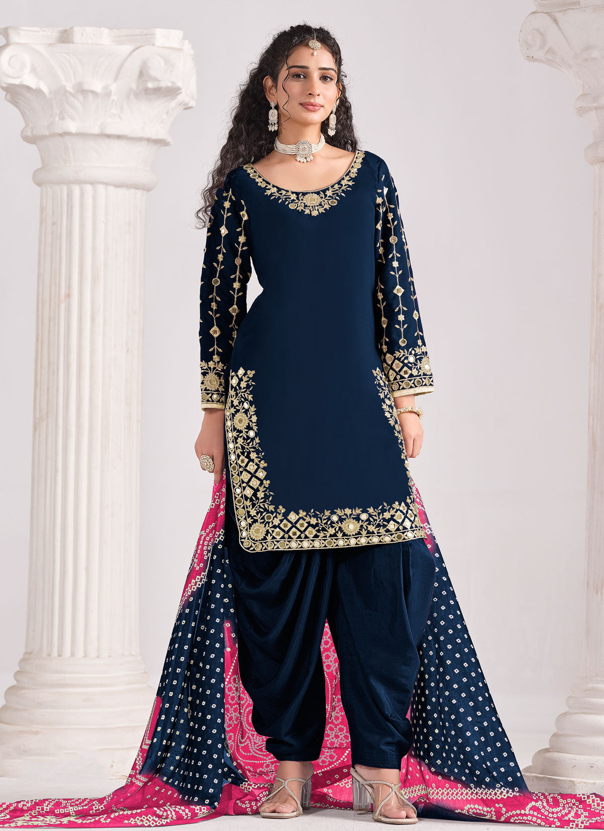 Navy Blue Silk Blend Punjabi Salwar Suit With Embroidered Work