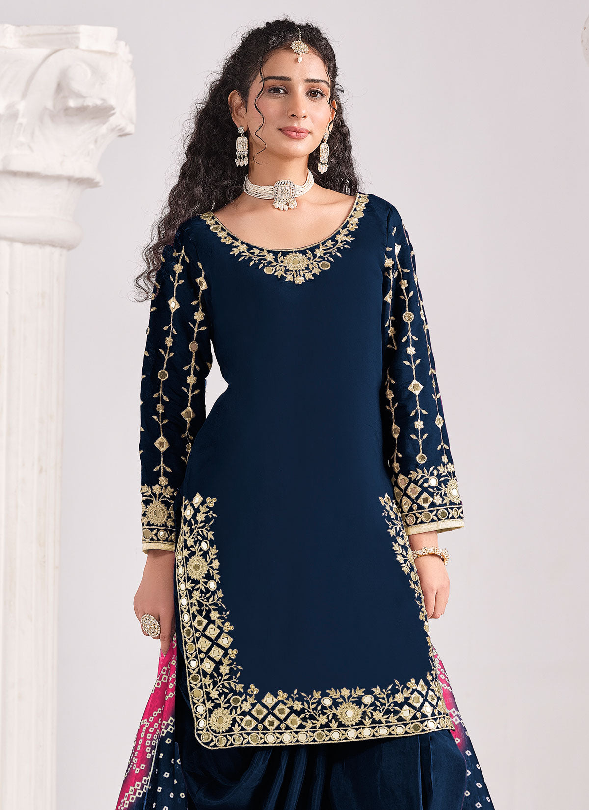 Navy Blue Silk Blend Punjabi Salwar Suit With Embroidered Work
