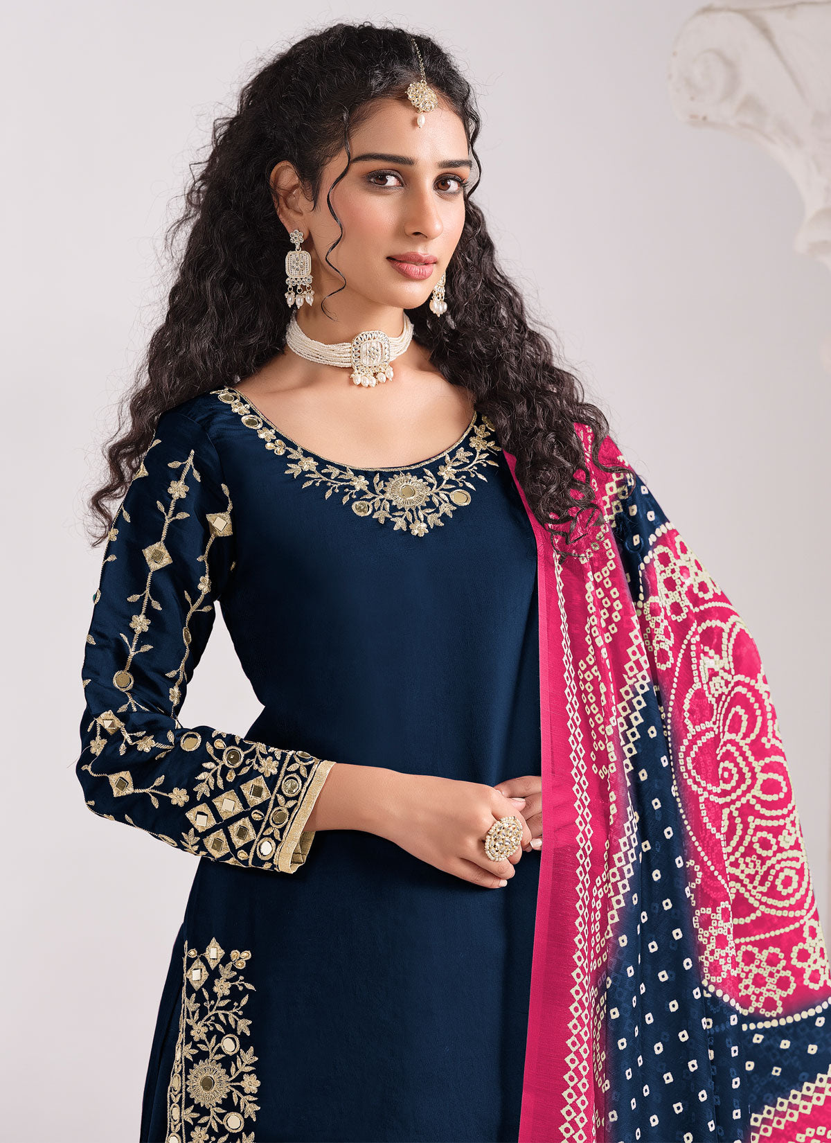 Navy Blue Silk Blend Punjabi Salwar Suit With Embroidered Work