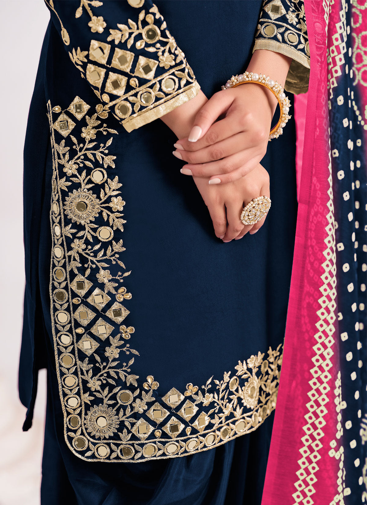 Navy Blue Silk Blend Punjabi Salwar Suit With Embroidered Work