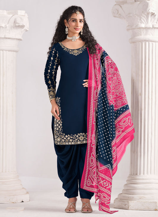 Navy Blue Silk Blend Punjabi Salwar Suit With Embroidered Work
