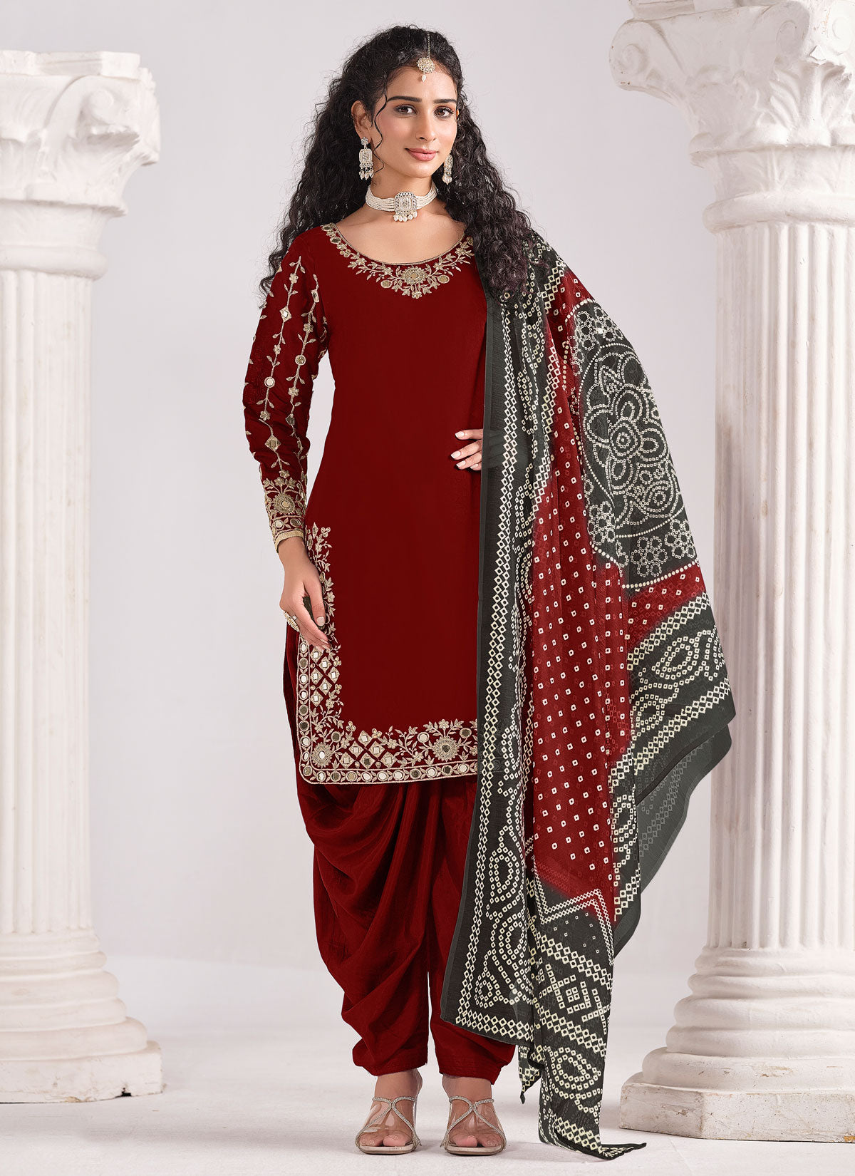 Embroidered Work Silk Blend Punjabi Salwar Suit In Red