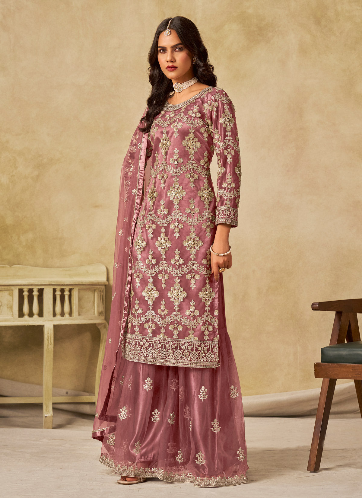 Net Palazzo Suit In Salmon With Embroidered Work For Women