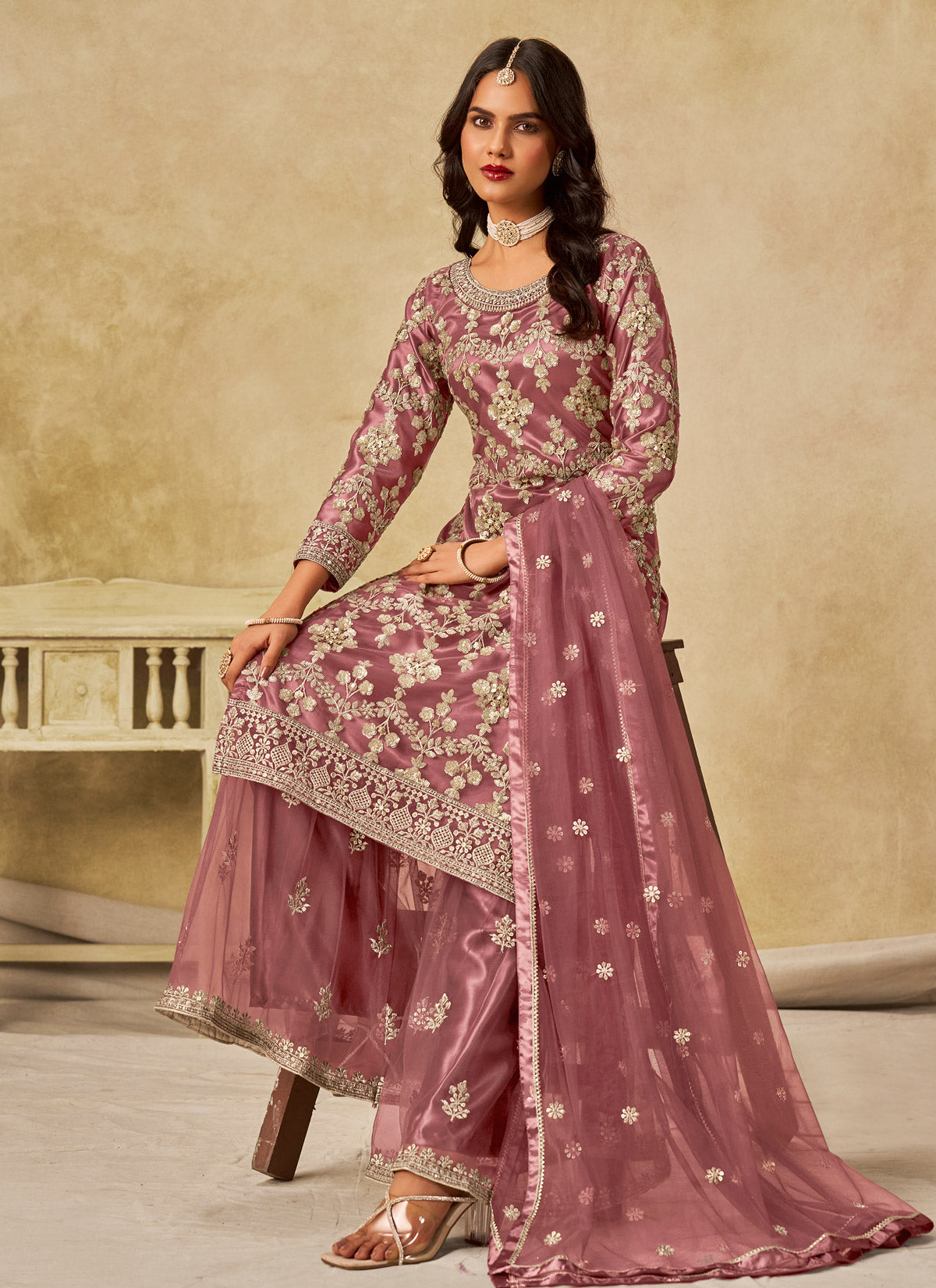 Net Palazzo Suit In Salmon With Embroidered Work For Women