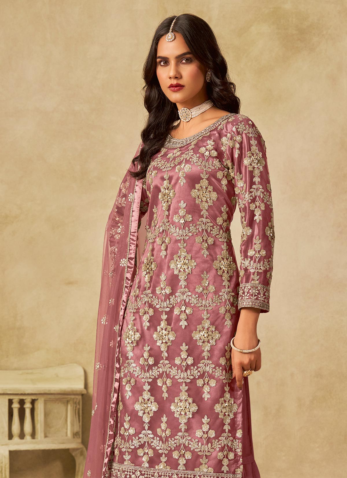 Net Palazzo Suit In Salmon With Embroidered Work For Women