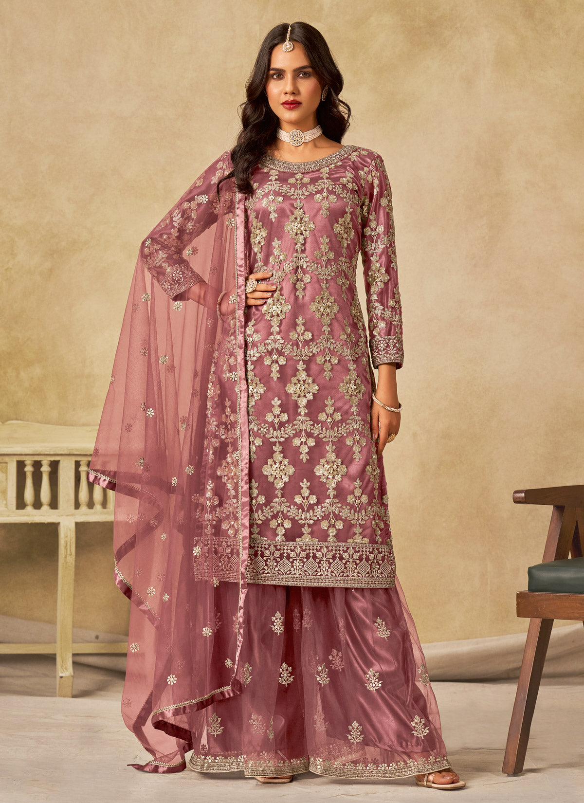 Net Palazzo Suit In Salmon With Embroidered Work For Women