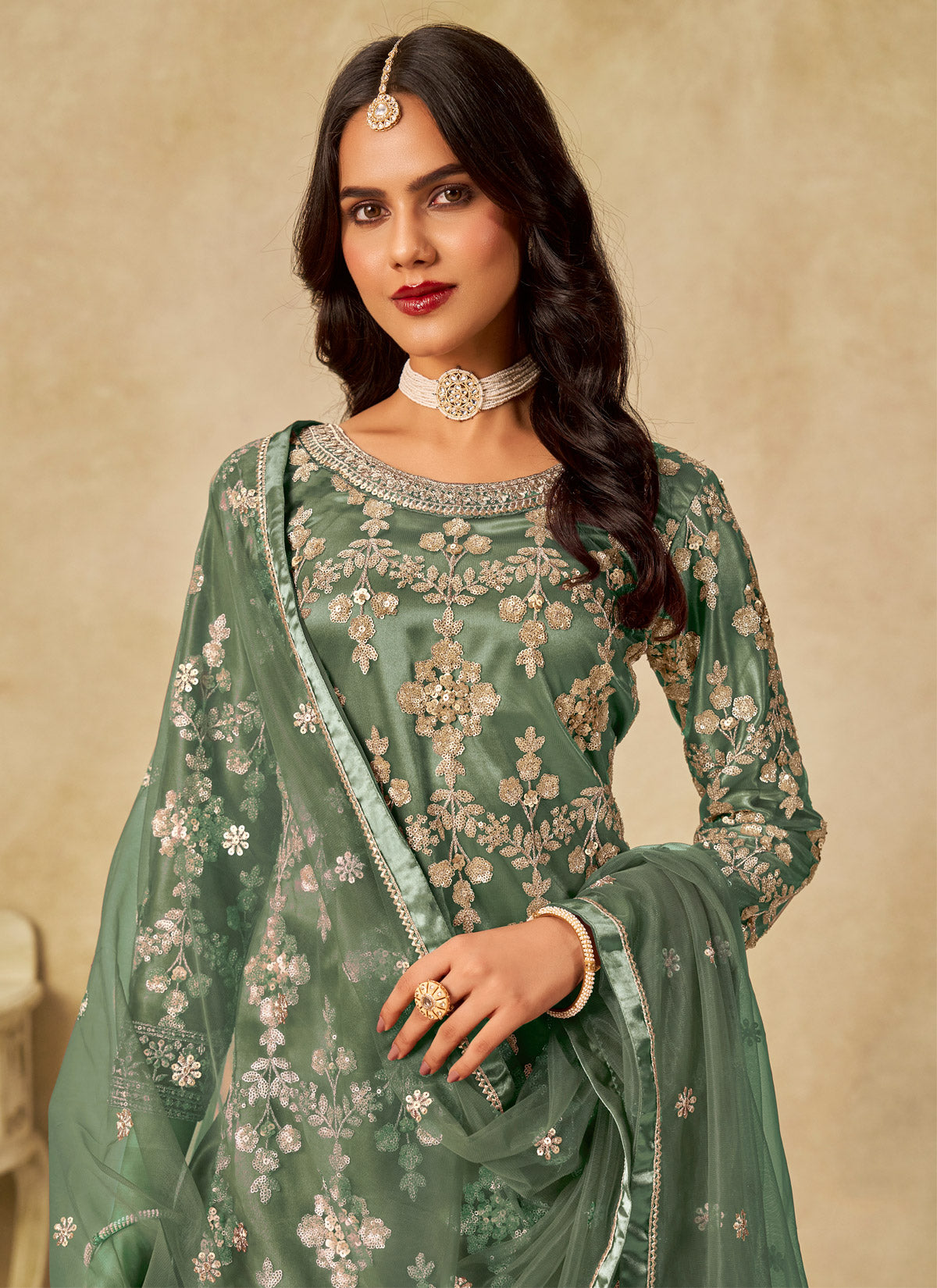 Sequins Work Palazzo Style Suit For Ceremonial In Sea Green
