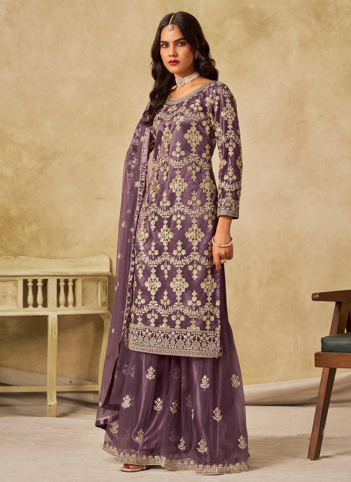Net Palazzo Style Suit With Resham Work For Women In Violet