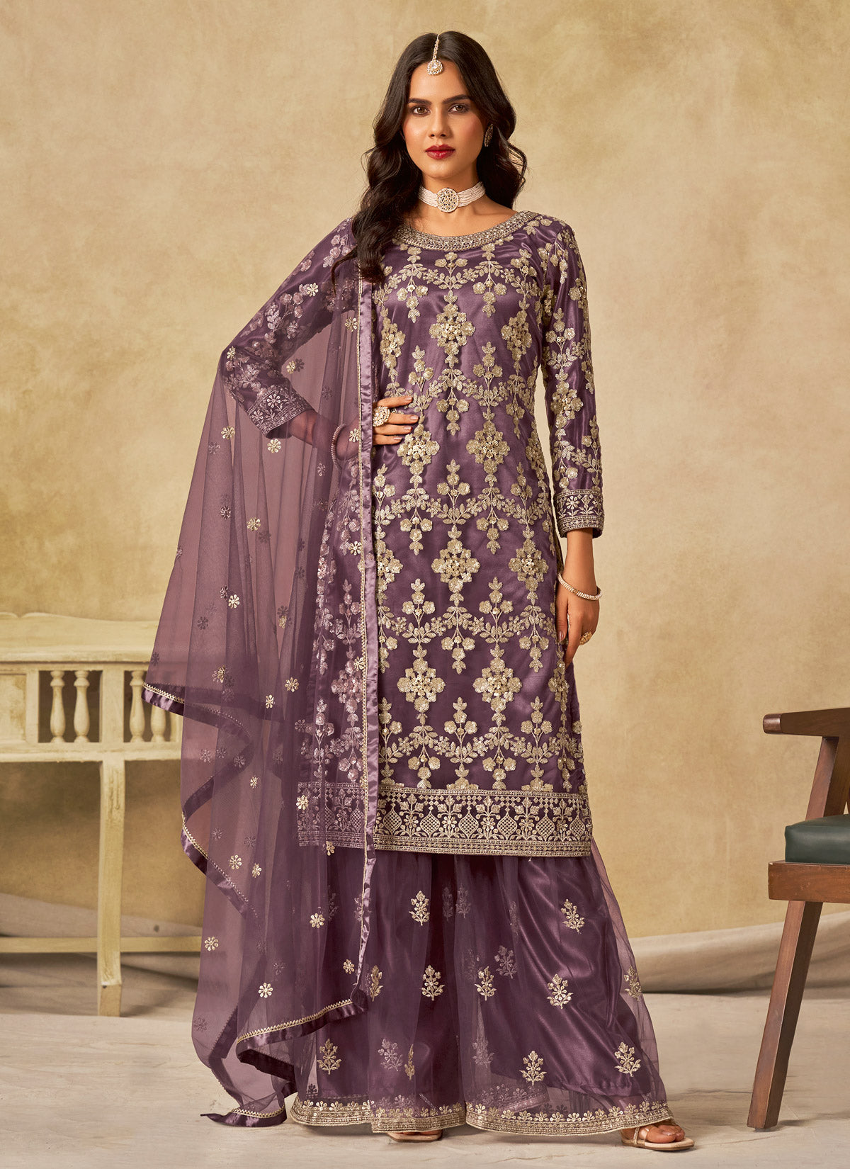 Net Palazzo Style Suit With Resham Work For Women In Violet
