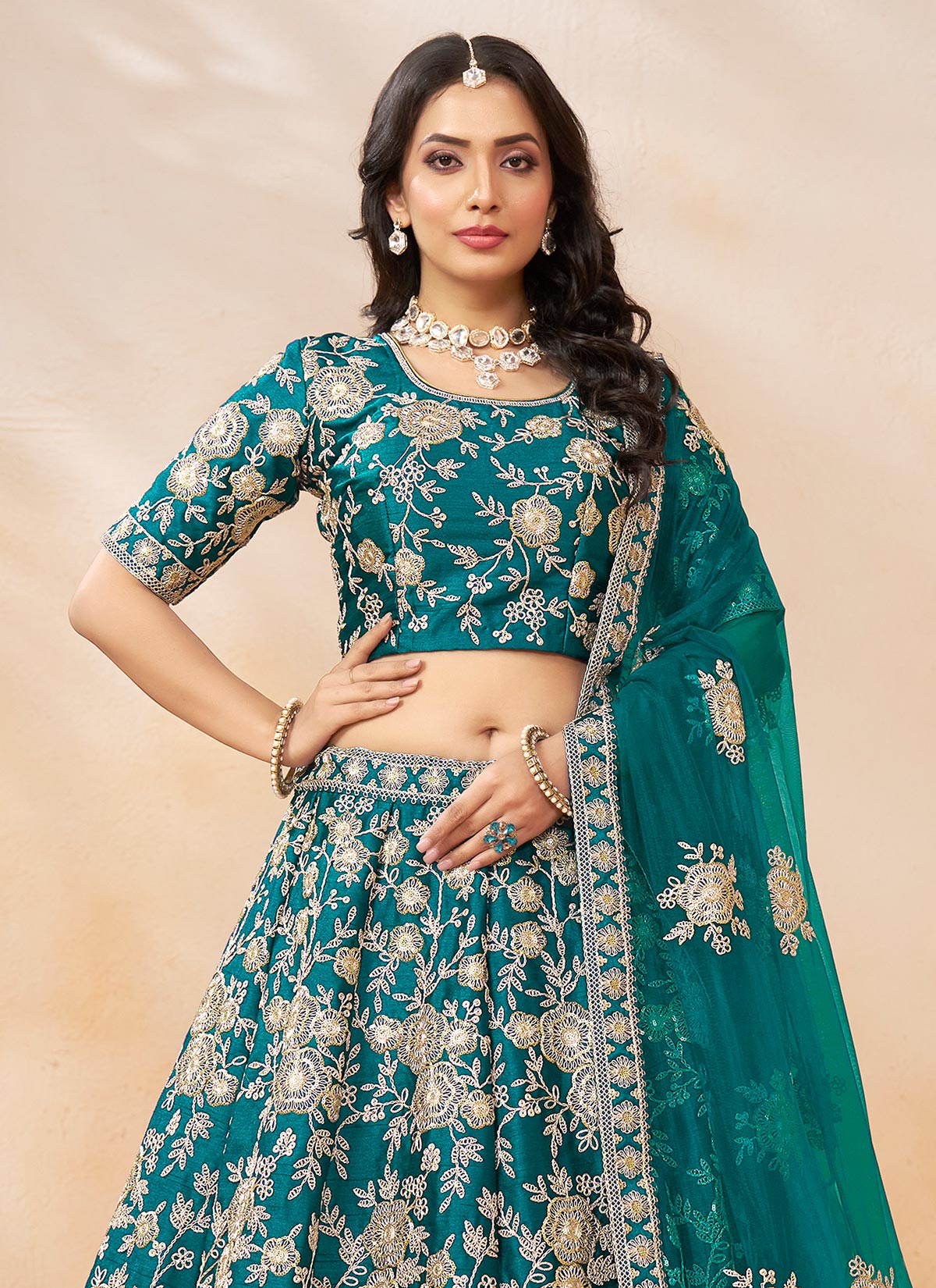 Silk Designer Lehenga Choli In Teal With Resham Work