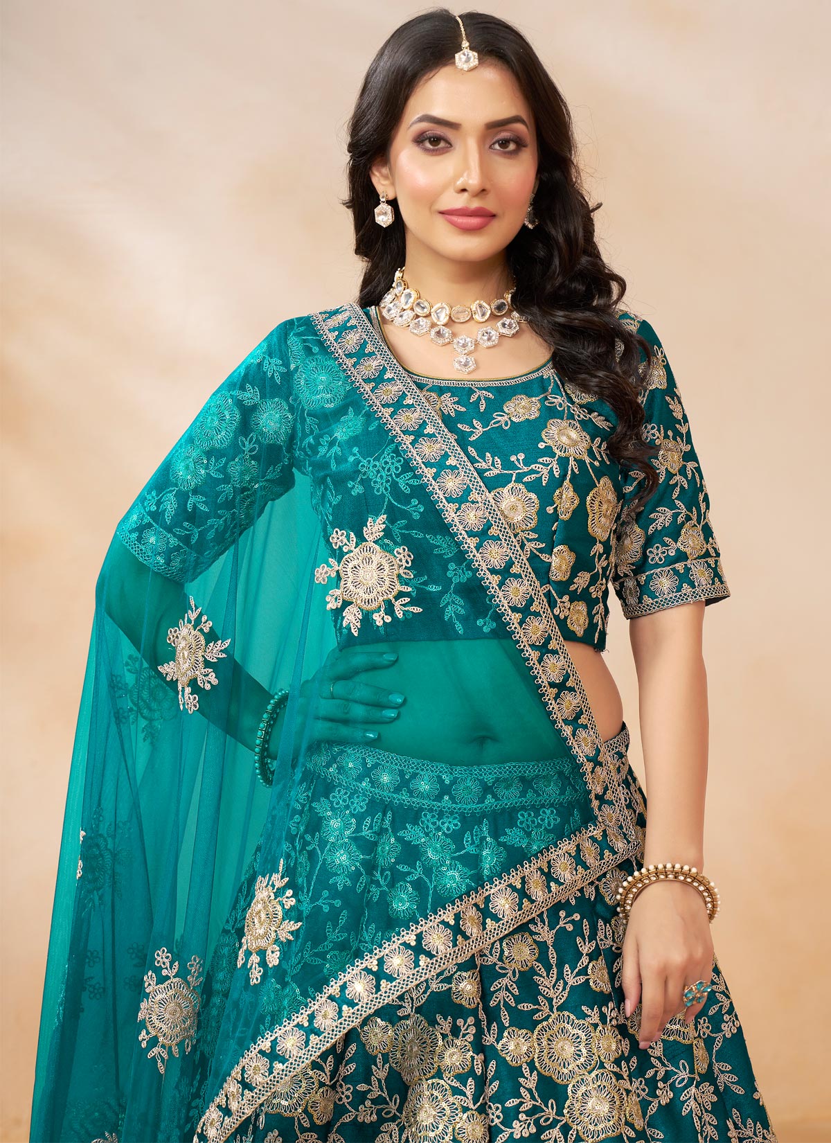 Silk Designer Lehenga Choli In Teal With Resham Work