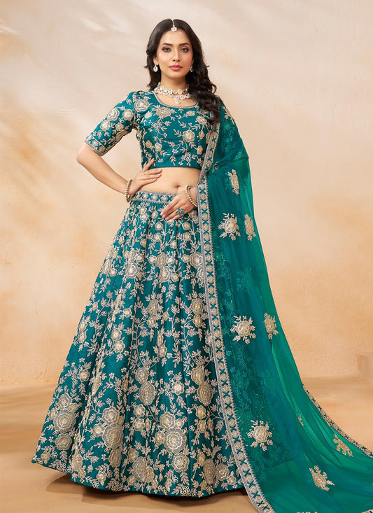 Silk Designer Lehenga Choli In Teal With Resham Work