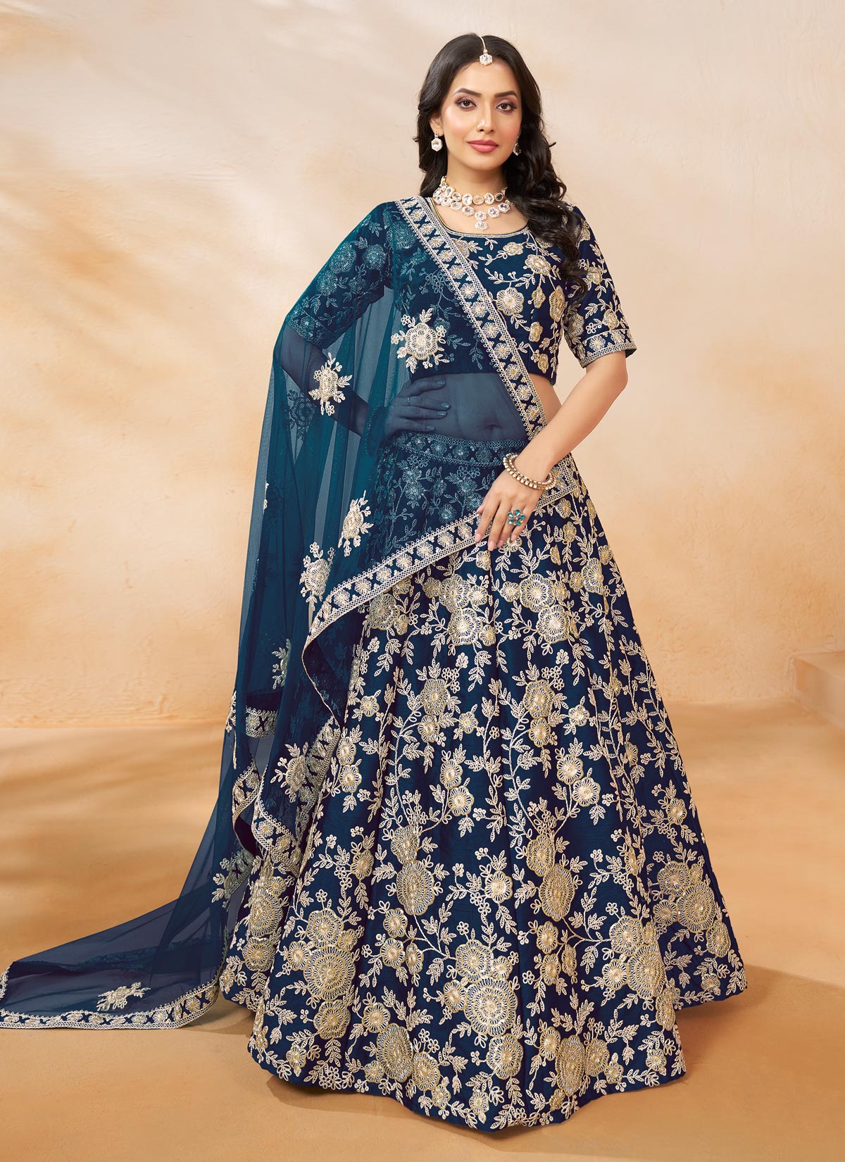 Embroidered Work Silk Designer Lehenga Choli In Navy Blue